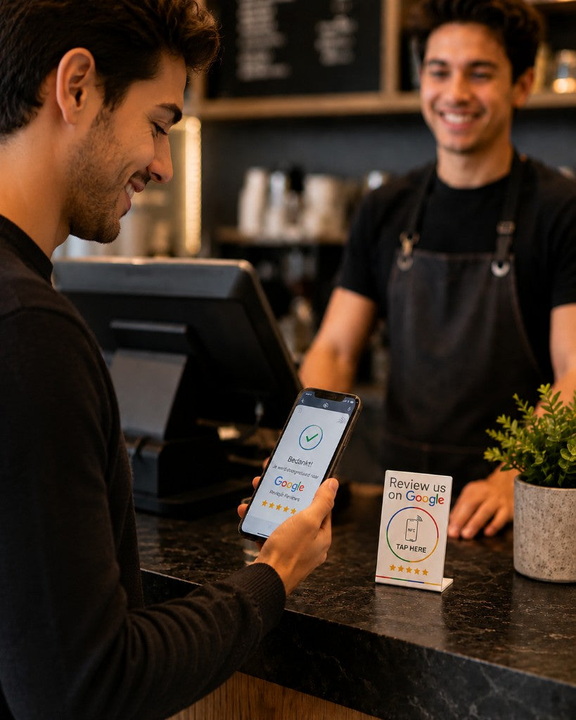 Klant tikt met smartphone op NFC review standaard bij de kassa in een café