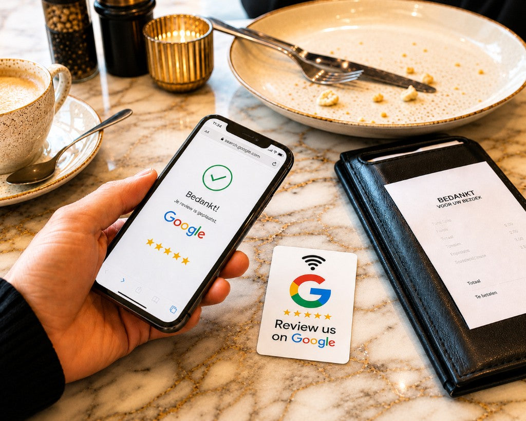 Klant houdt smartphone tegen NFC Review Kaart om een Google review achter te laten